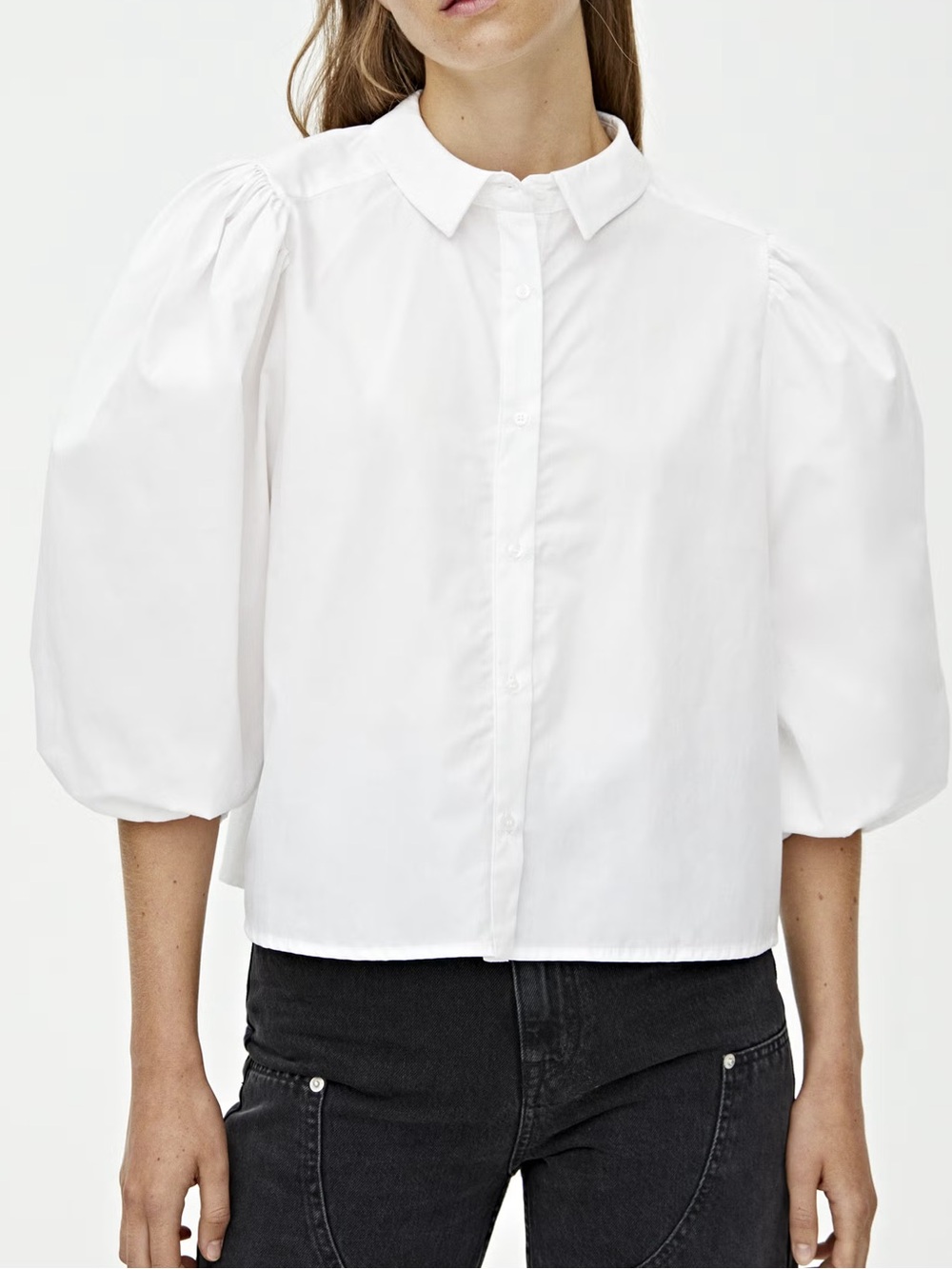 Pull&Bear White Puff Sleeve Button Up Blouse Size L